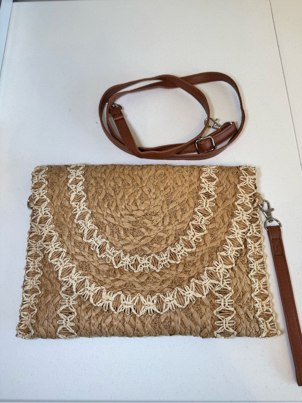 Woven Straw Clutch with Cream Trim and Detachable Brown Strap
